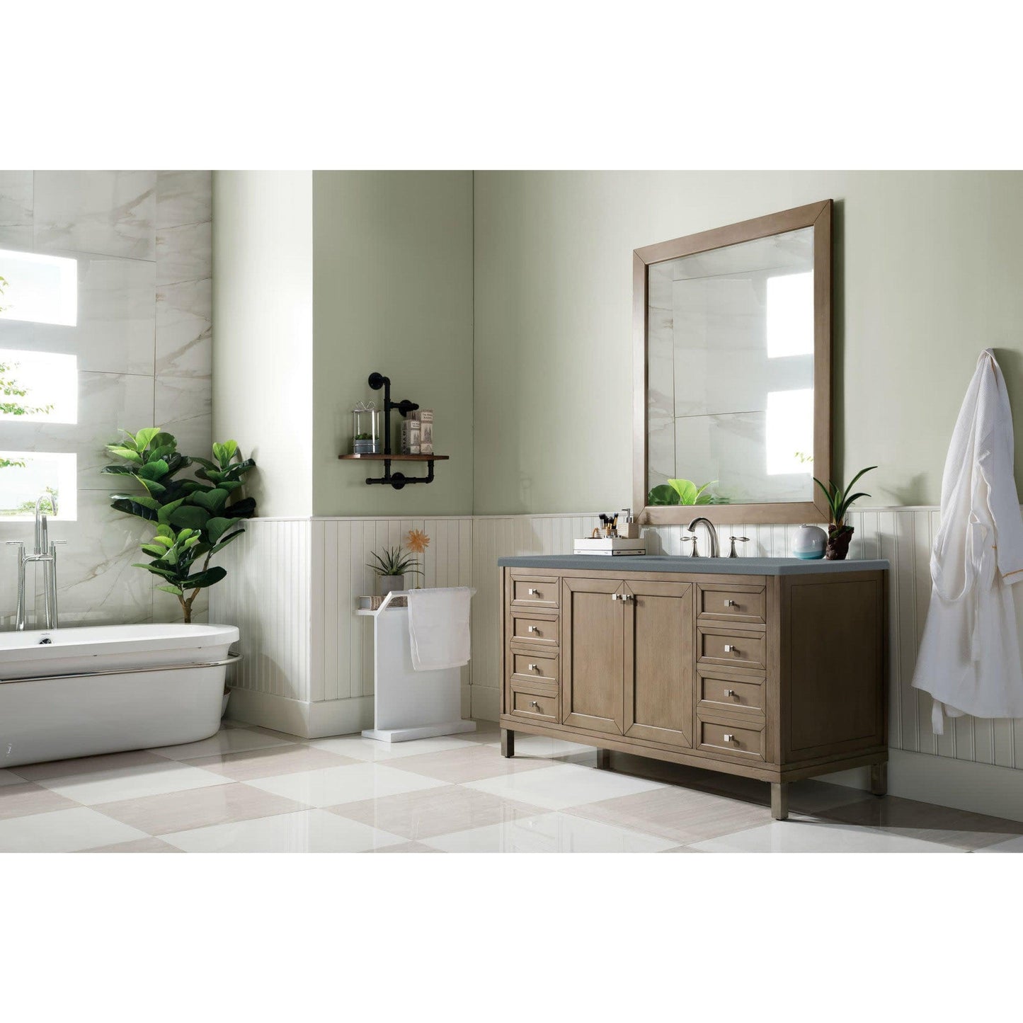 James Martin Chicago 60" Single Whitewashed Walnut Bathroom Vanity With 1" Cala Blue Quartz Top and Rectangular Ceramic Sink