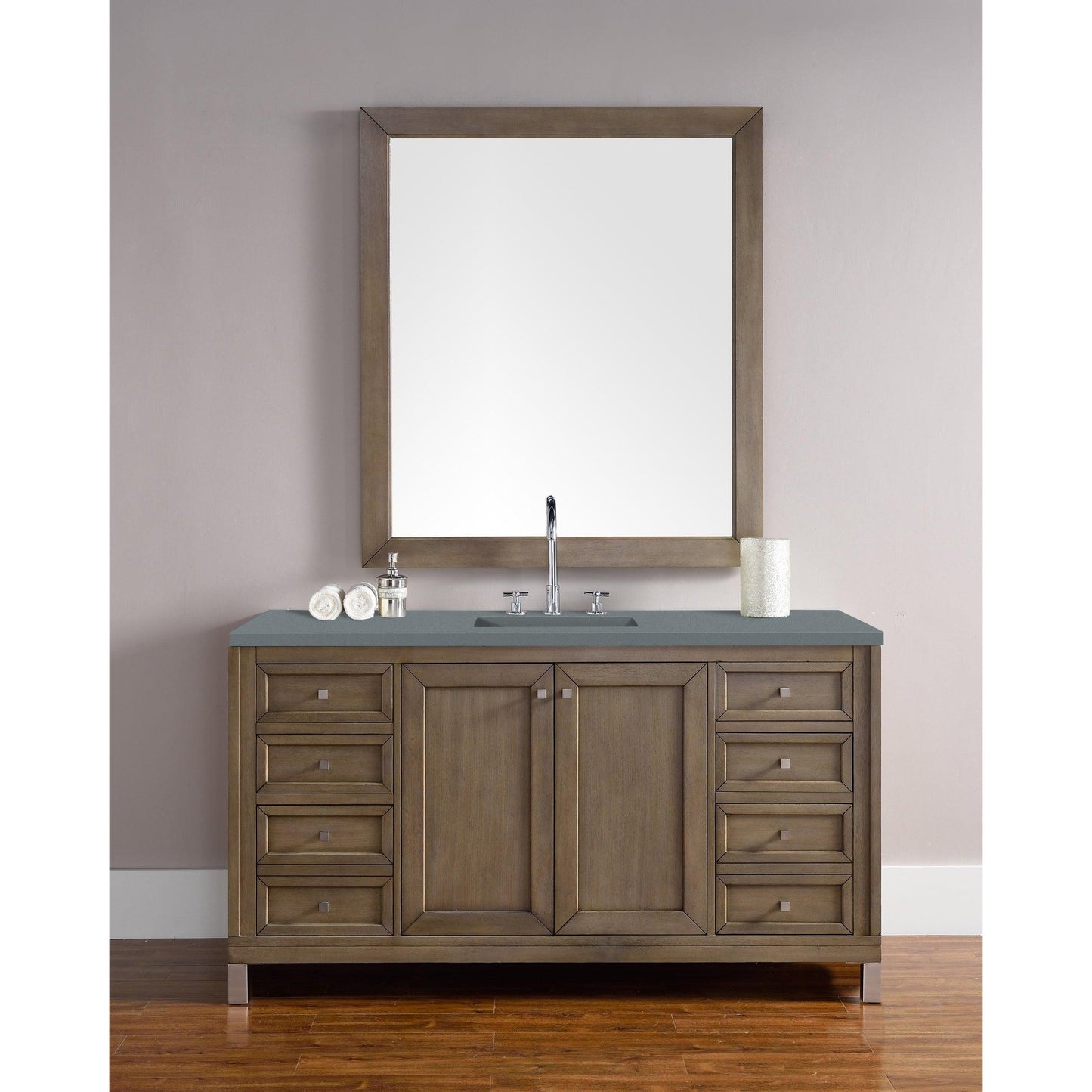 James Martin Chicago 60" Single Whitewashed Walnut Bathroom Vanity With 1" Cala Blue Quartz Top and Rectangular Ceramic Sink