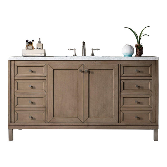 James Martin Chicago 60" Single Whitewashed Walnut Bathroom Vanity With 1" Carrara Marble Top and Rectangular Ceramic Sink