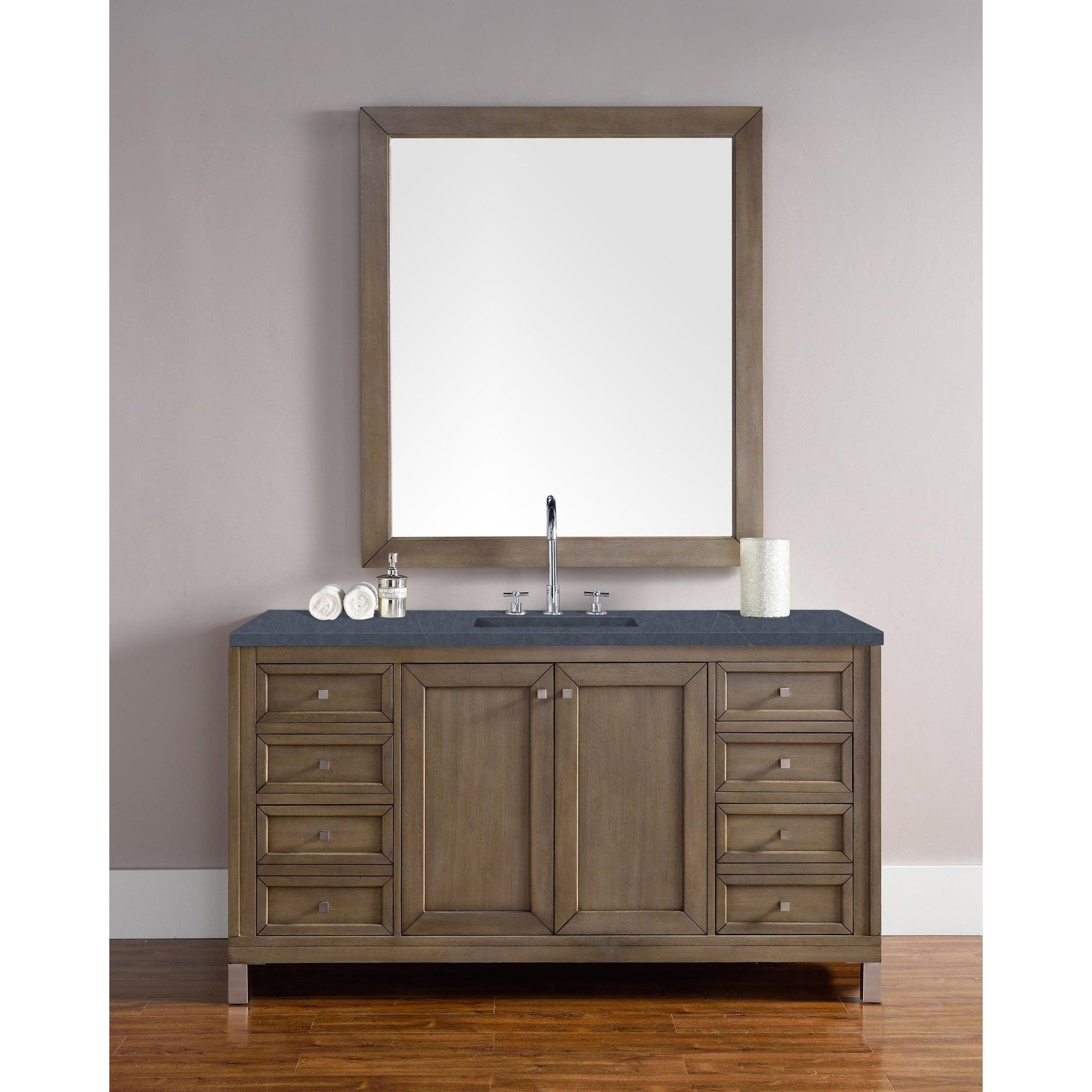 James Martin Chicago 60" Single Whitewashed Walnut Bathroom Vanity With 1" Charcoal Soapstone Quartz Top and Rectangular Ceramic Sink