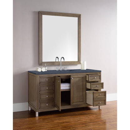 James Martin Chicago 60" Single Whitewashed Walnut Bathroom Vanity With 1" Charcoal Soapstone Quartz Top and Rectangular Ceramic Sink