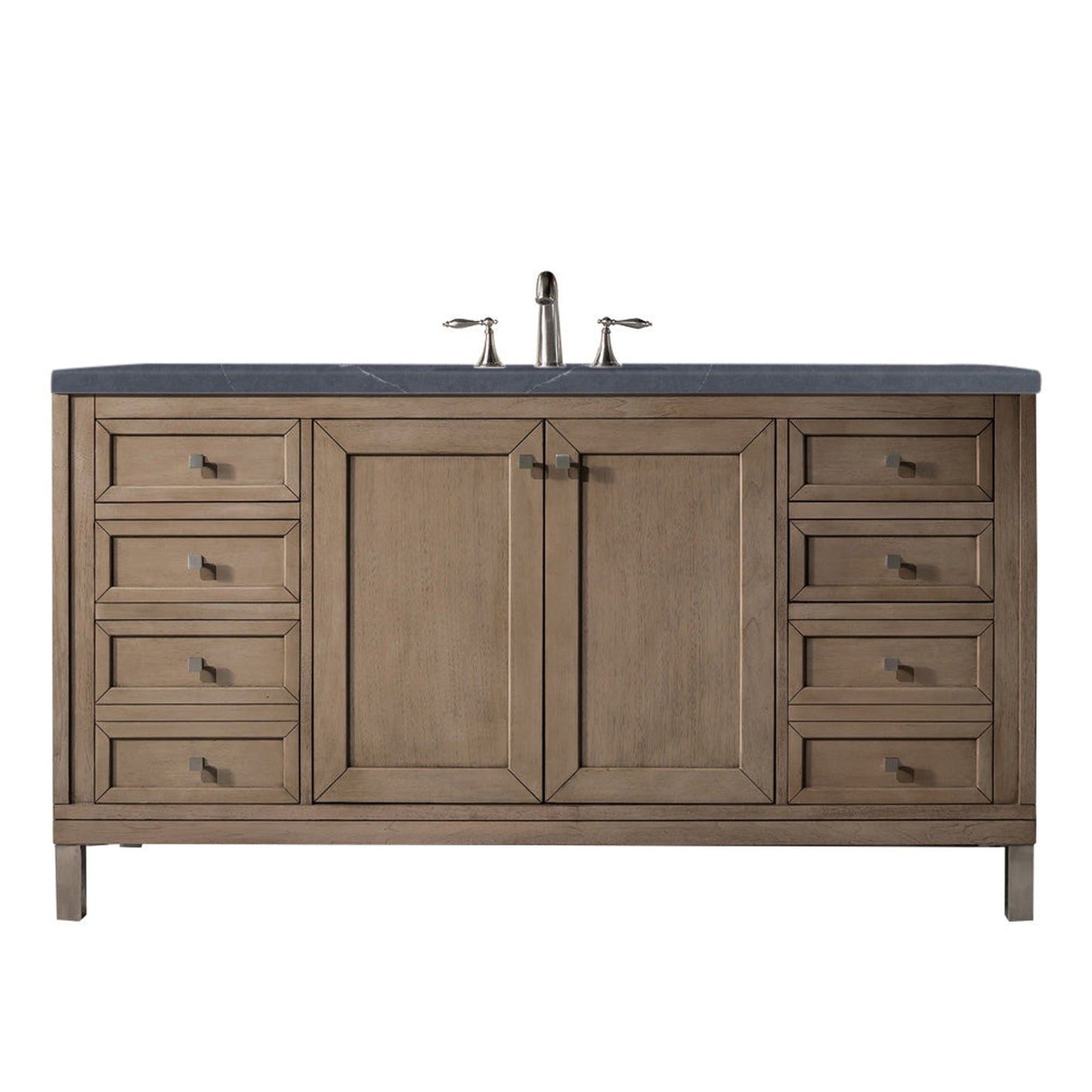 James Martin Chicago 60" Single Whitewashed Walnut Bathroom Vanity With 1" Charcoal Soapstone Quartz Top and Rectangular Ceramic Sink