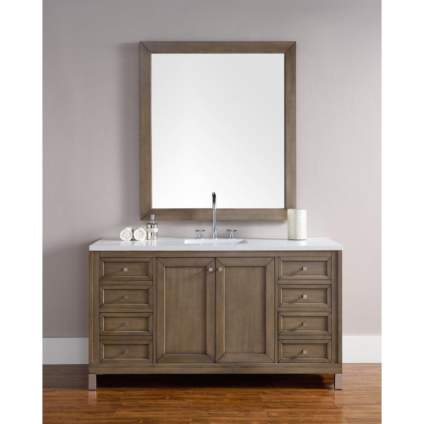 James Martin Chicago 60" Single Whitewashed Walnut Bathroom Vanity With 1" Classic White Quartz Top and Rectangular Ceramic Sink