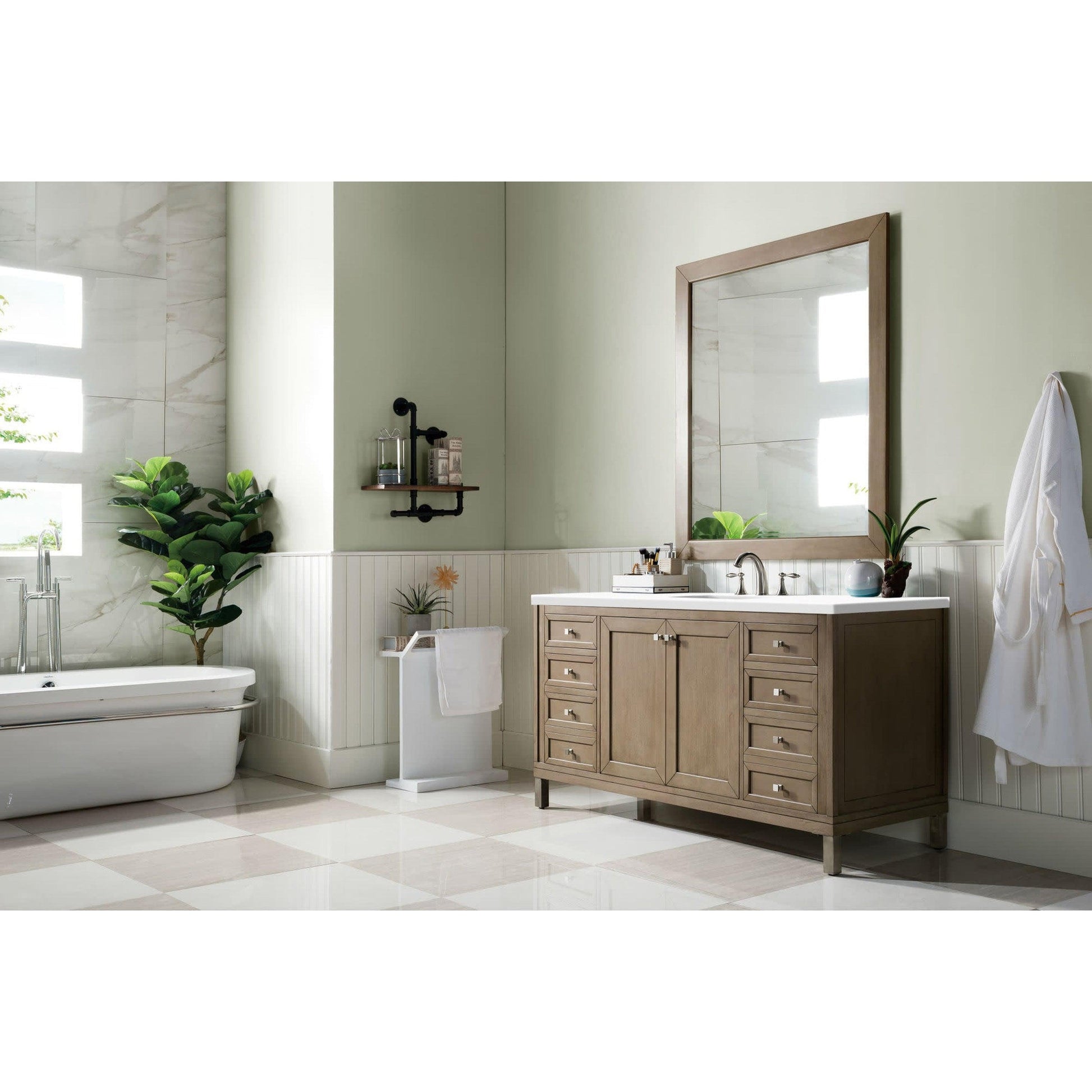 James Martin Chicago 60" Single Whitewashed Walnut Bathroom Vanity With 1" Classic White Quartz Top and Rectangular Ceramic Sink