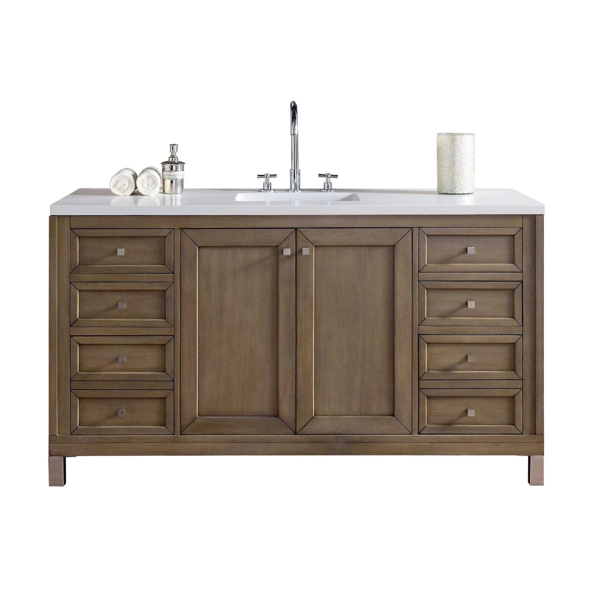 James Martin Chicago 60" Single Whitewashed Walnut Bathroom Vanity With 1" Classic White Quartz Top and Rectangular Ceramic Sink