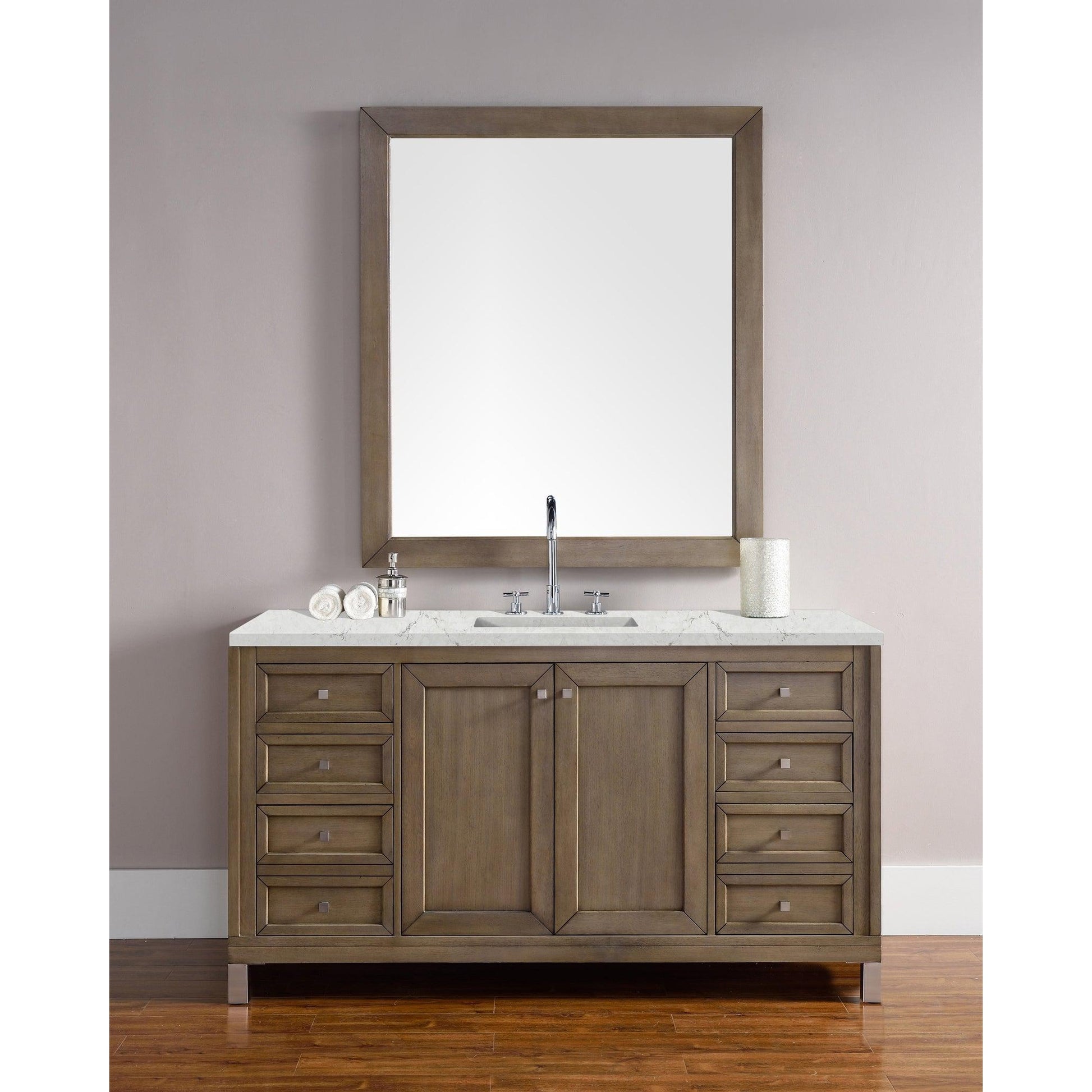 James Martin Chicago 60" Single Whitewashed Walnut Bathroom Vanity With 1" Eternal Jasmine Pearl Quartz Top and Rectangular Ceramic Sink