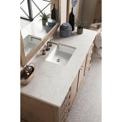 James Martin Chicago 60" Single Whitewashed Walnut Bathroom Vanity With 1" Eternal Jasmine Pearl Quartz Top and Rectangular Ceramic Sink
