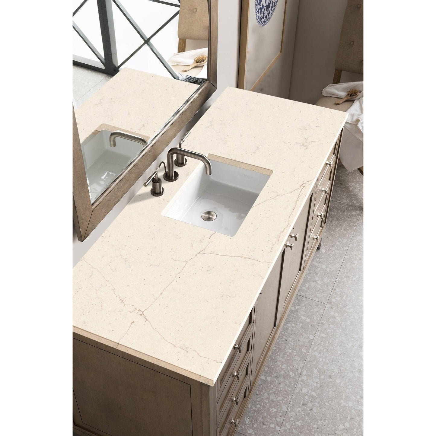 James Martin Chicago 60" Single Whitewashed Walnut Bathroom Vanity With 1" Eternal Marfil Quartz Top and Rectangular Ceramic Sink