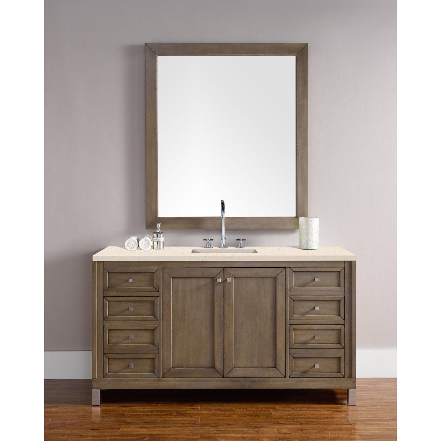 James Martin Chicago 60" Single Whitewashed Walnut Bathroom Vanity With 1" Eternal Marfil Quartz Top and Rectangular Ceramic Sink