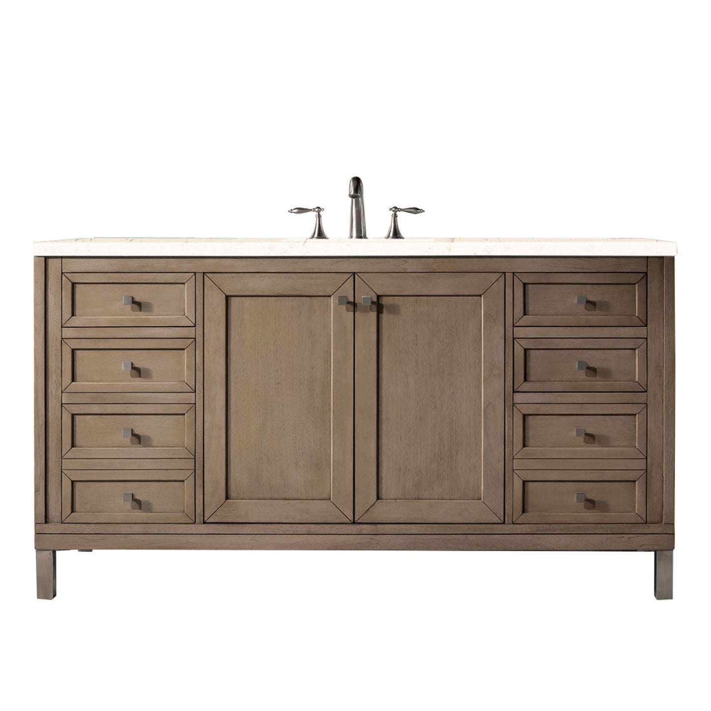 James Martin Chicago 60" Single Whitewashed Walnut Bathroom Vanity With 1" Eternal Marfil Quartz Top and Rectangular Ceramic Sink