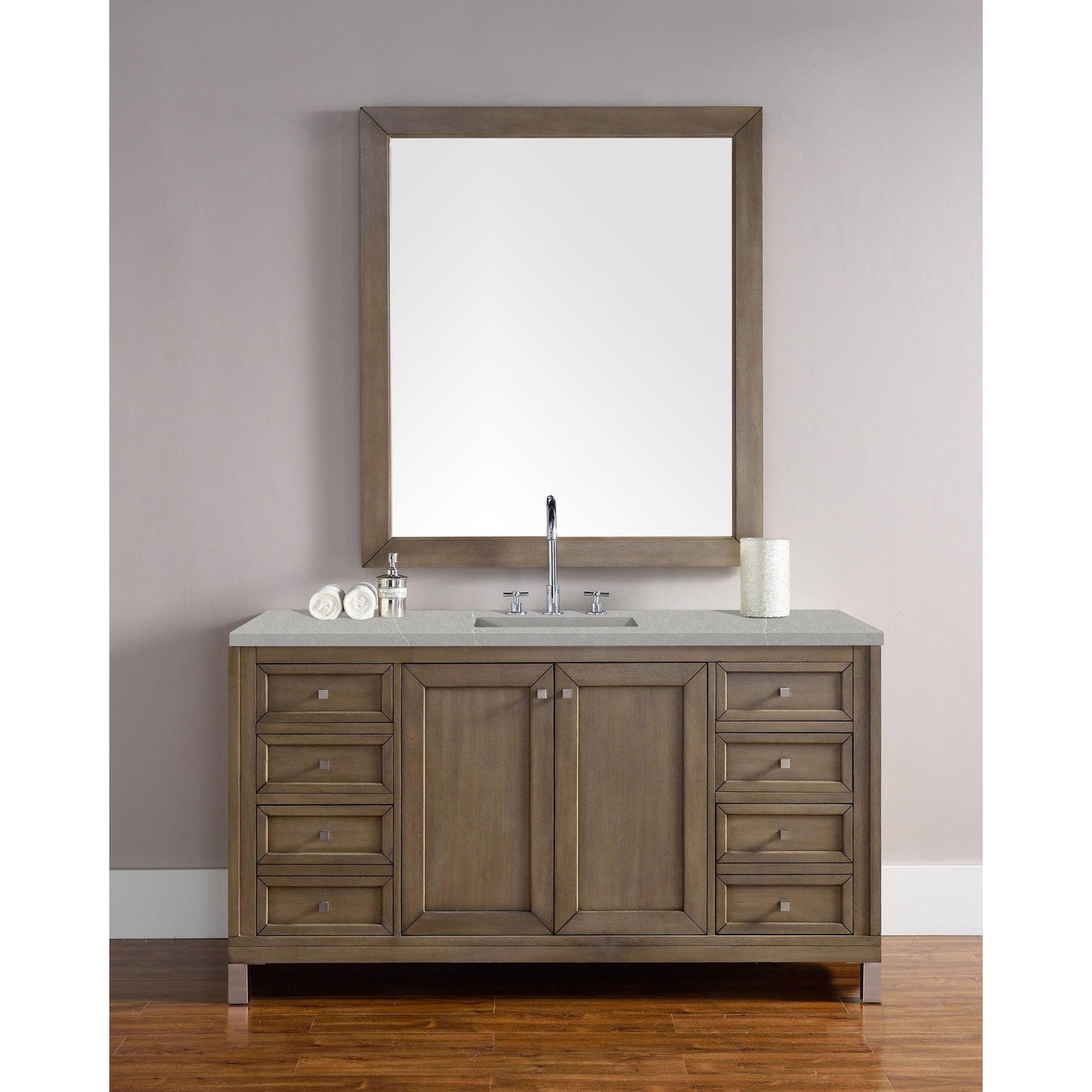 James Martin Chicago 60" Single Whitewashed Walnut Bathroom Vanity With 1" Eternal Serena Quartz Top and Rectangular Ceramic Sink