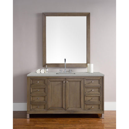 James Martin Chicago 60" Single Whitewashed Walnut Bathroom Vanity With 1" Eternal Serena Quartz Top and Rectangular Ceramic Sink