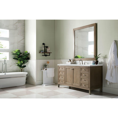 James Martin Chicago 60" Single Whitewashed Walnut Bathroom Vanity With 1" Ethereal Noctis Quartz Top and Rectangular Ceramic Sink
