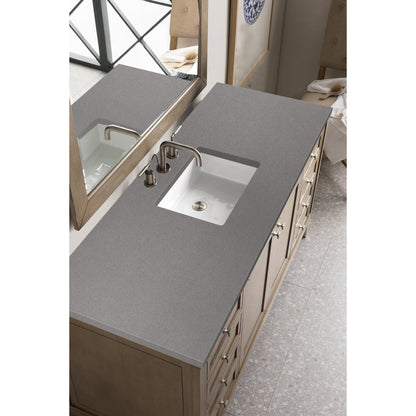 James Martin Chicago 60" Single Whitewashed Walnut Bathroom Vanity With 1" Gray Expo Quartz Top and Rectangular Ceramic Sink