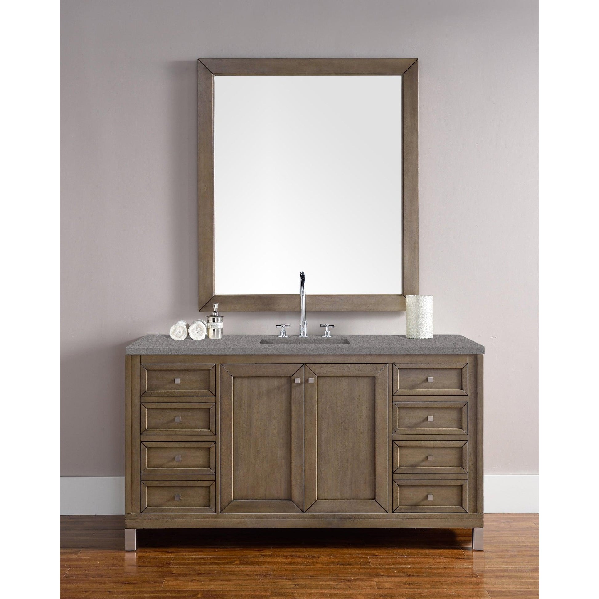 James Martin Chicago 60" Single Whitewashed Walnut Bathroom Vanity With 1" Gray Expo Quartz Top and Rectangular Ceramic Sink