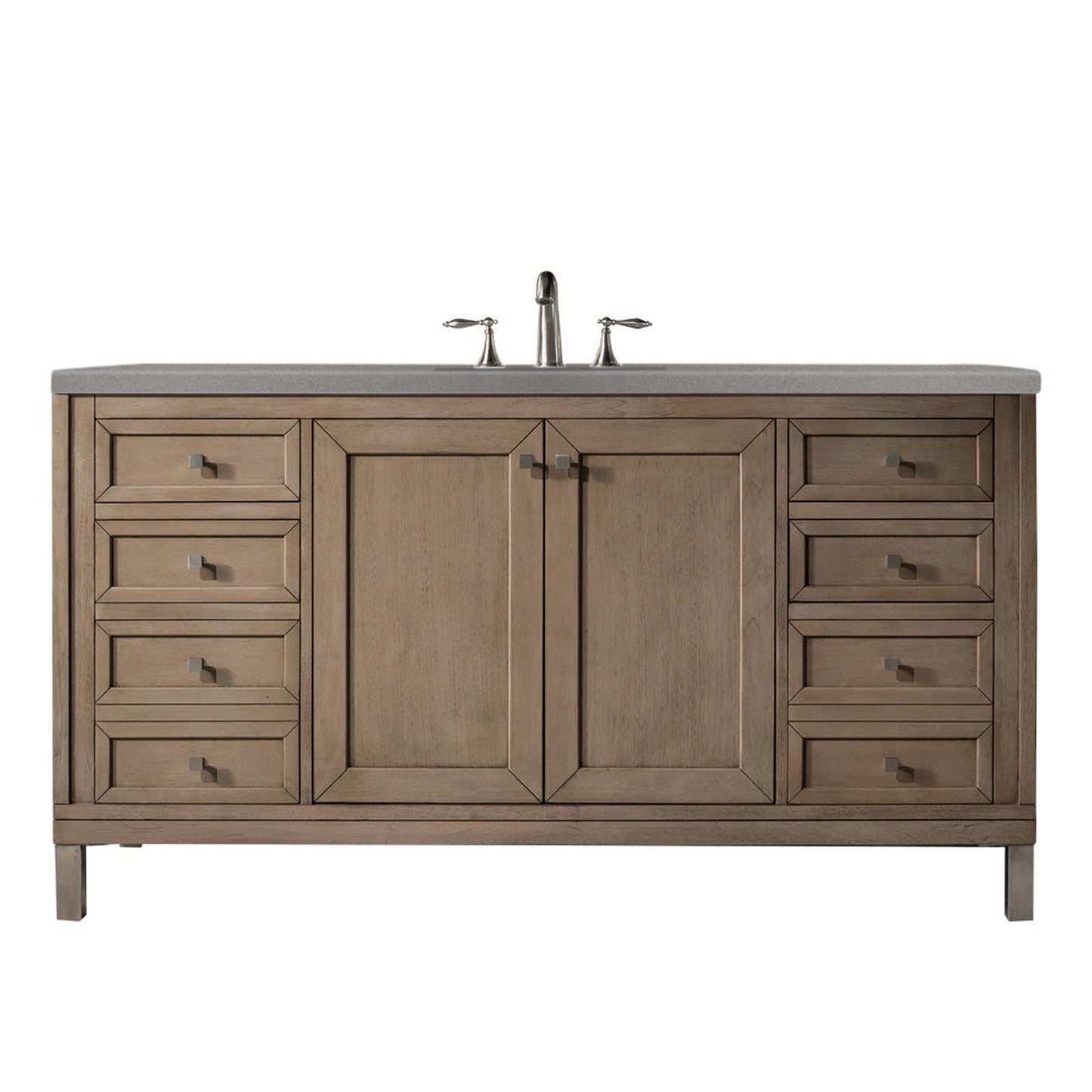 James Martin Chicago 60" Single Whitewashed Walnut Bathroom Vanity With 1" Gray Expo Quartz Top and Rectangular Ceramic Sink