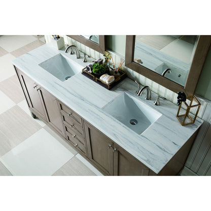 James Martin Chicago 72" Double Whitewashed Walnut Bathroom Vanity With 1" Arctic Fall Solid Surface Top and Rectangular Ceramic Sink