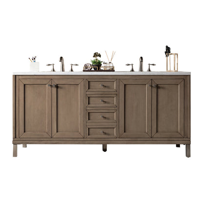 James Martin Chicago 72" Double Whitewashed Walnut Bathroom Vanity With 1" Arctic Fall Solid Surface Top and Rectangular Ceramic Sink