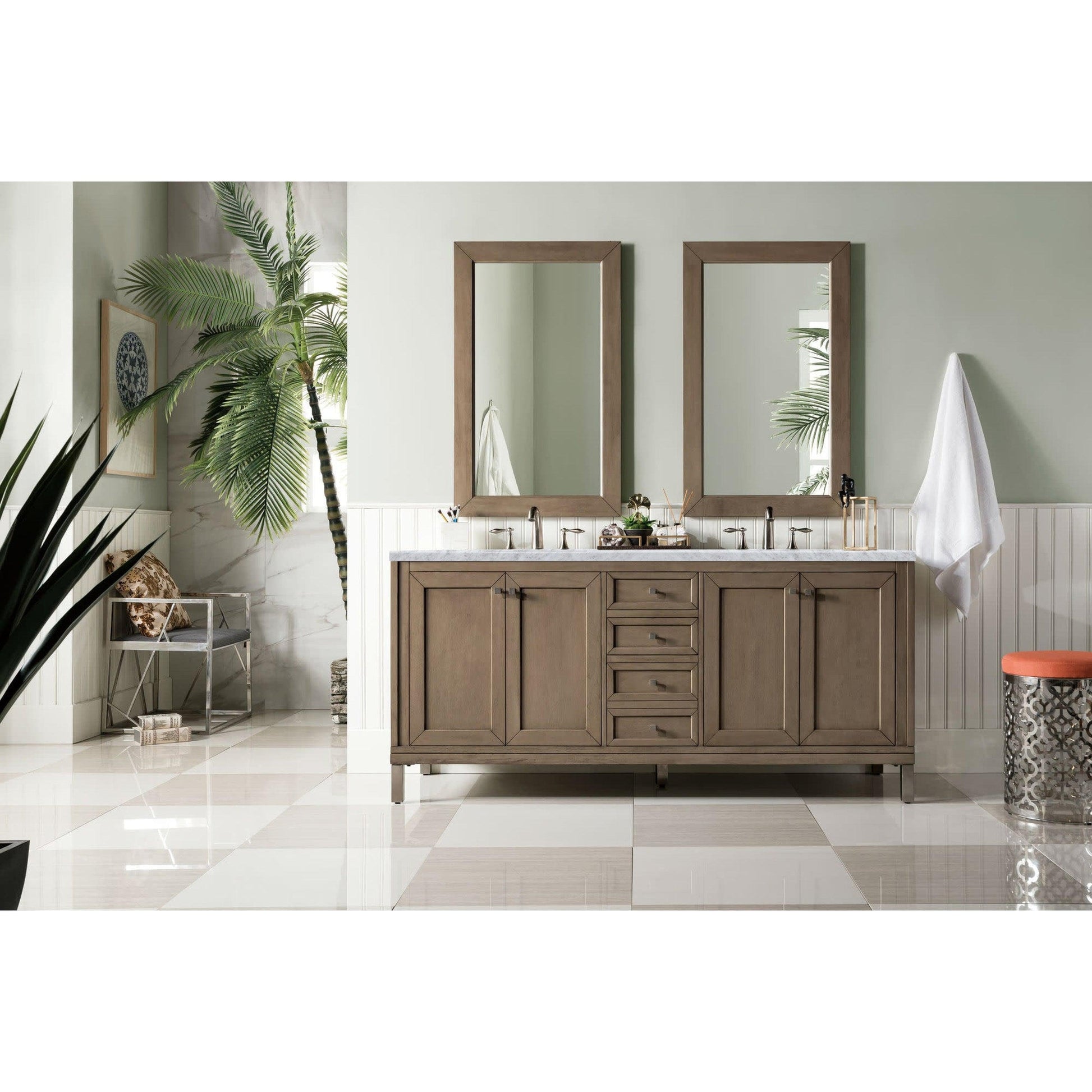 James Martin Chicago 72" Double Whitewashed Walnut Bathroom Vanity With 1" Carrara Marble Top and Rectangular Ceramic Sink