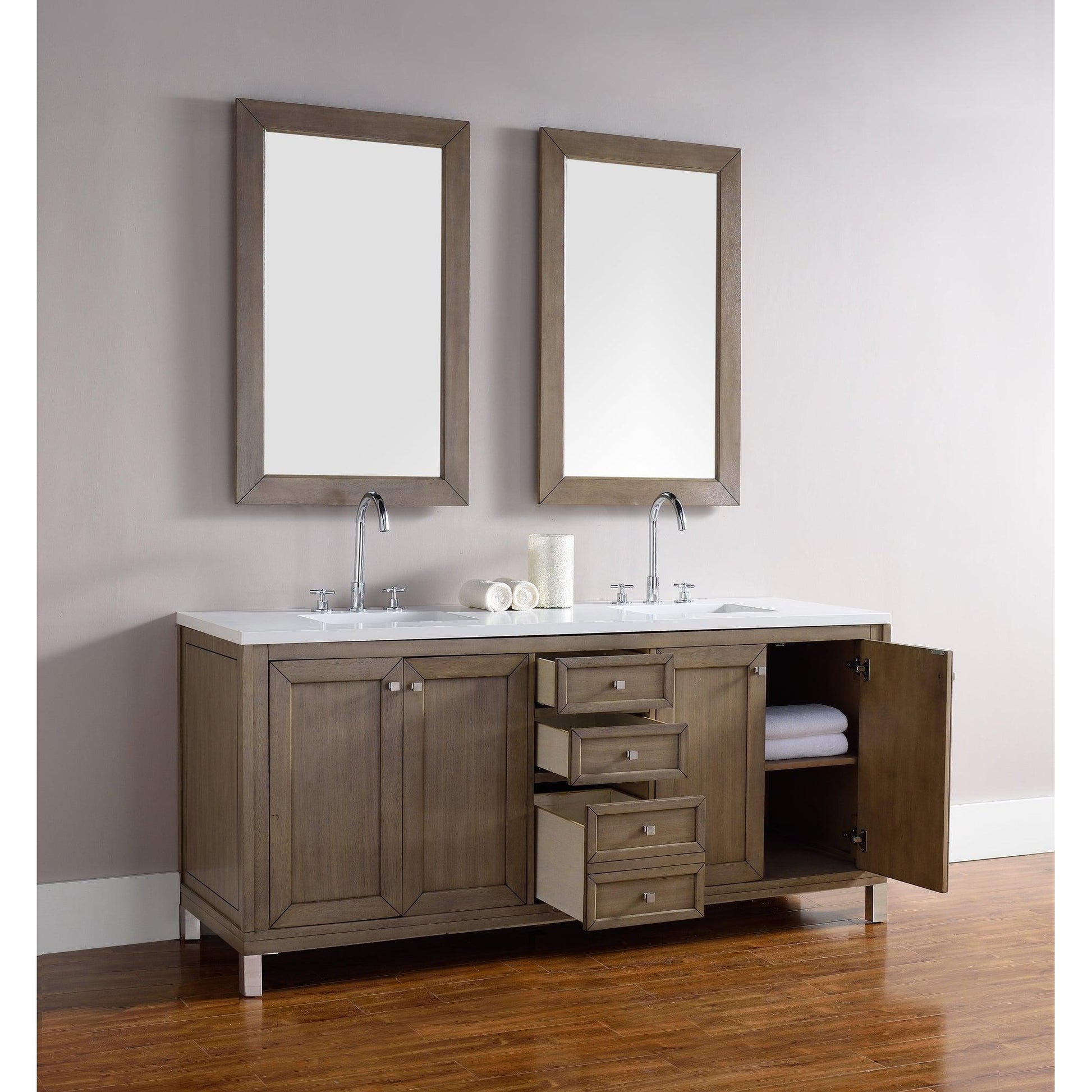 James Martin Chicago 72" Double Whitewashed Walnut Bathroom Vanity With 1" Classic White Quartz Top and Rectangular Ceramic Sink