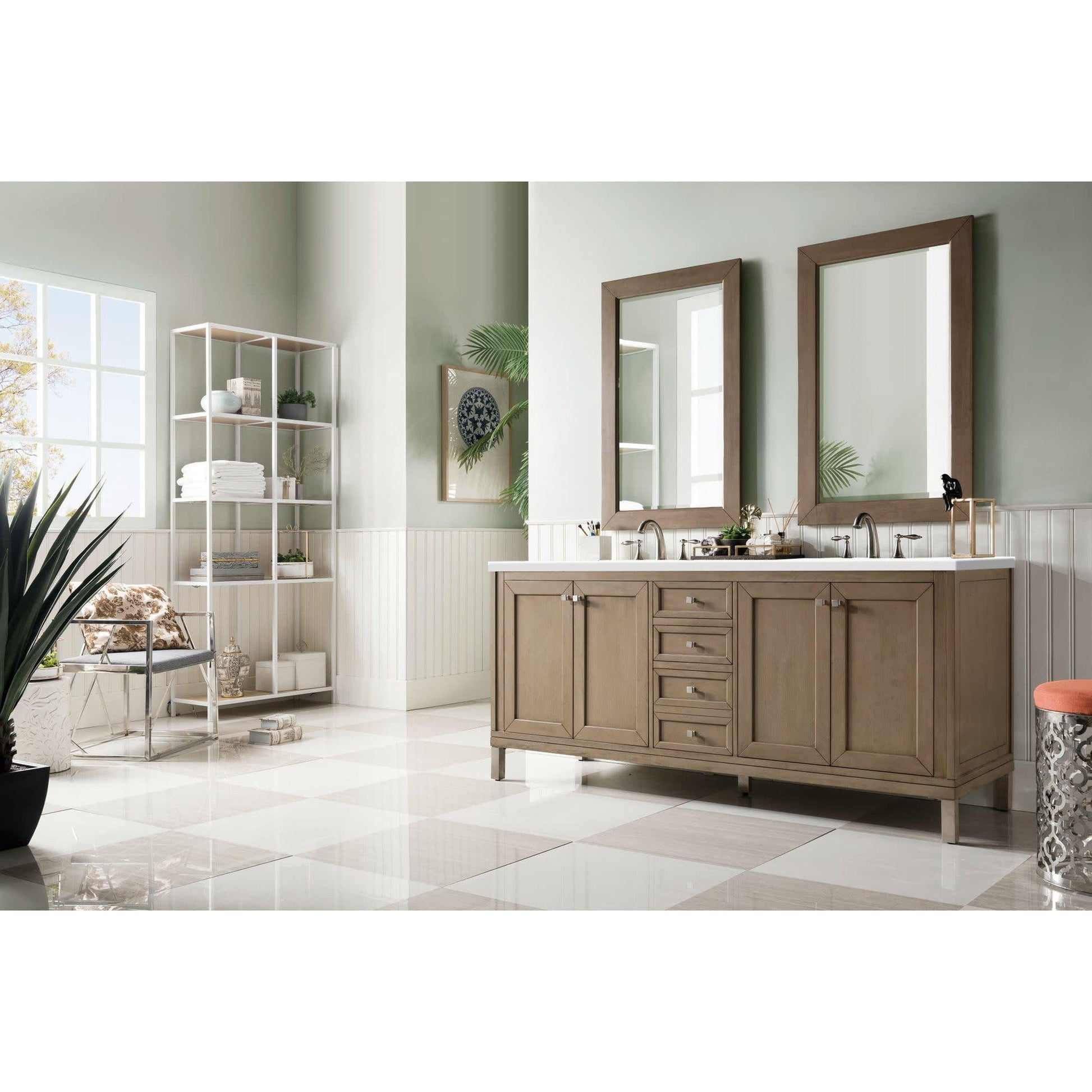 James Martin Chicago 72" Double Whitewashed Walnut Bathroom Vanity With 1" Classic White Quartz Top and Rectangular Ceramic Sink