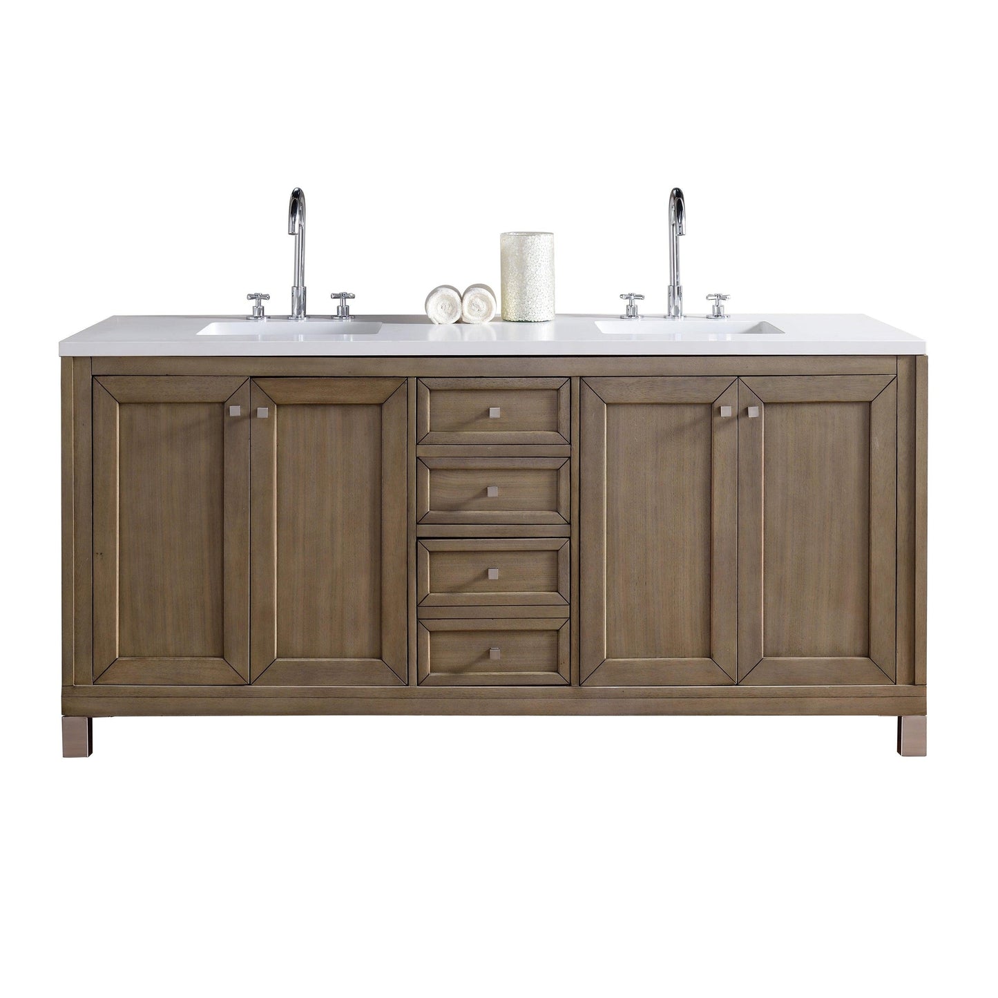 James Martin Chicago 72" Double Whitewashed Walnut Bathroom Vanity With 1" Classic White Quartz Top and Rectangular Ceramic Sink