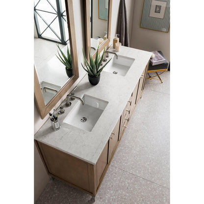 James Martin Chicago 72" Double Whitewashed Walnut Bathroom Vanity With 1" Eternal Jasmine Pearl Quartz Top and Rectangular Ceramic Sink