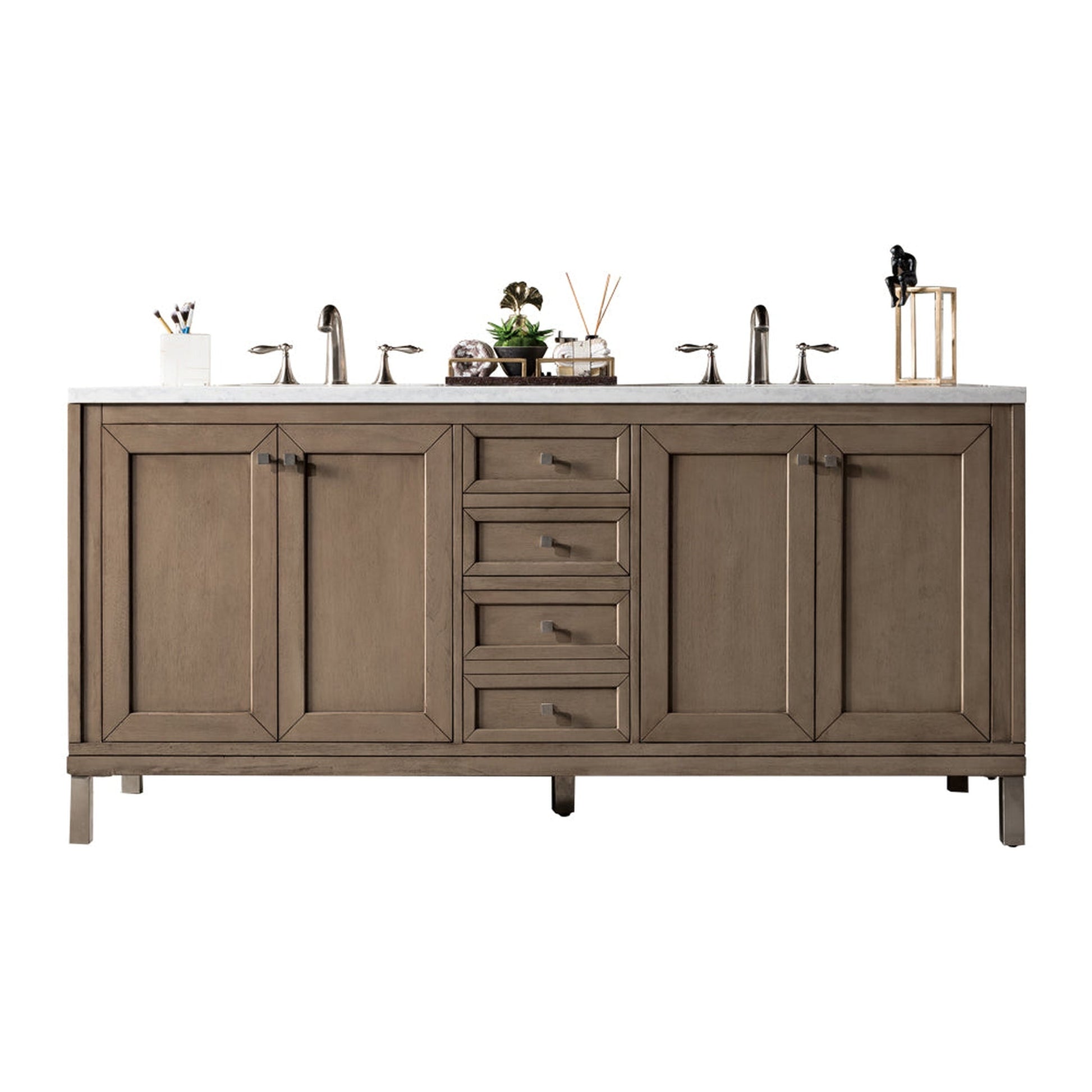 James Martin Chicago 72" Double Whitewashed Walnut Bathroom Vanity With 1" Eternal Jasmine Pearl Quartz Top and Rectangular Ceramic Sink