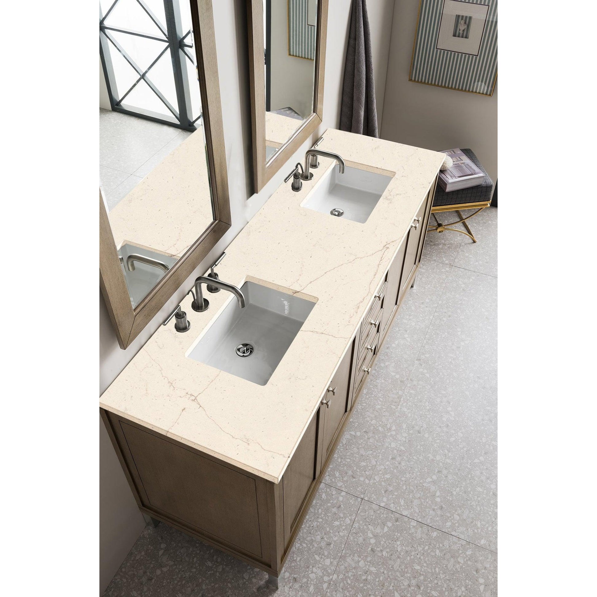 James Martin Chicago 72" Double Whitewashed Walnut Bathroom Vanity With 1" Eternal Marfil Quartz Top and Rectangular Ceramic Sink