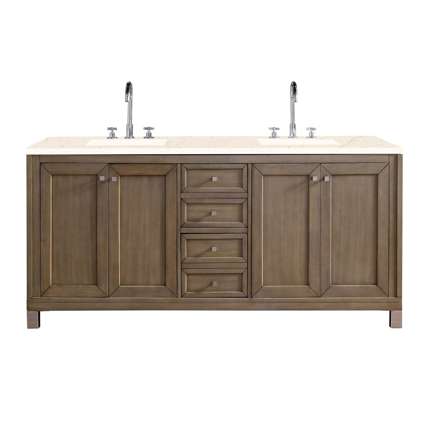 James Martin Chicago 72" Double Whitewashed Walnut Bathroom Vanity With 1" Eternal Marfil Quartz Top and Rectangular Ceramic Sink