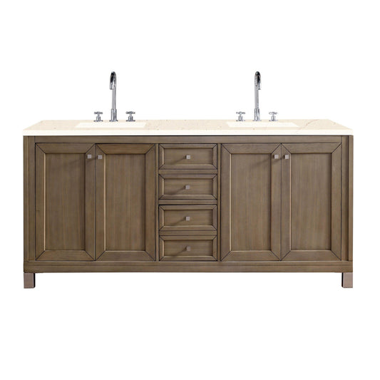 James Martin Chicago 72" Double Whitewashed Walnut Bathroom Vanity With 1" Eternal Marfil Quartz Top and Rectangular Ceramic Sink