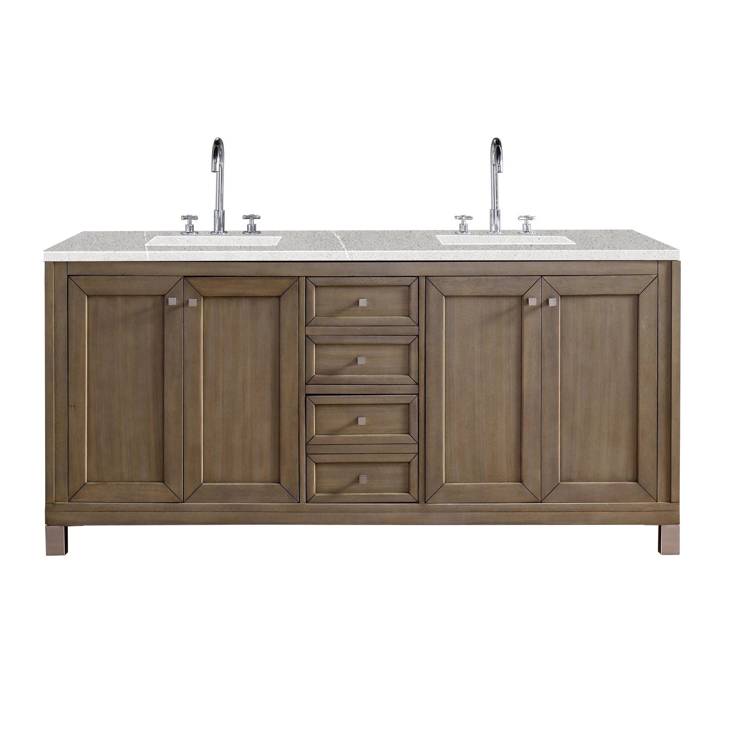 James Martin Chicago 72" Double Whitewashed Walnut Bathroom Vanity With 1" Eternal Serena Quartz Top and Rectangular Ceramic Sink