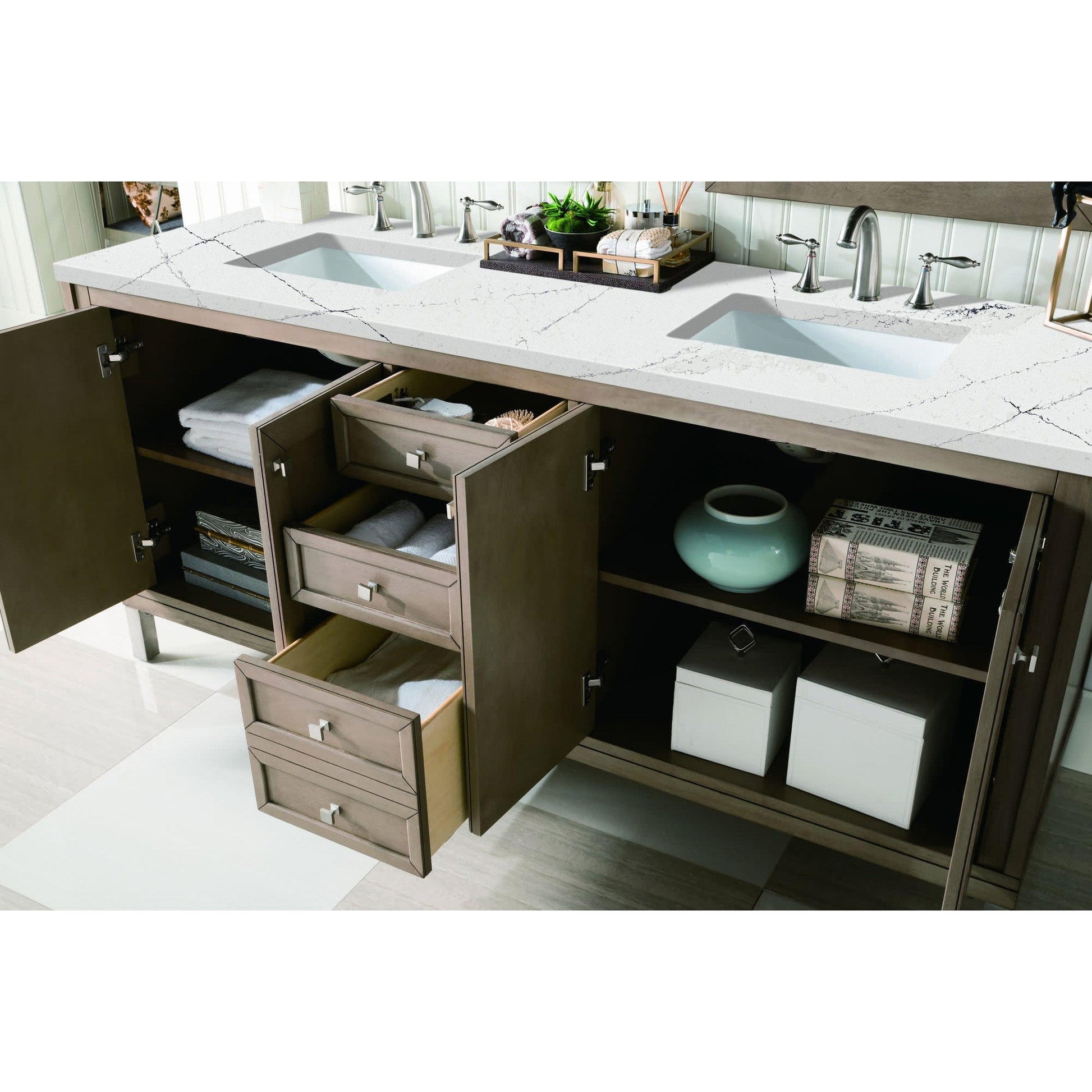 James Martin Chicago 72" Double Whitewashed Walnut Bathroom Vanity With 1" Ethereal Noctis Quartz Top and Rectangular Ceramic Sink