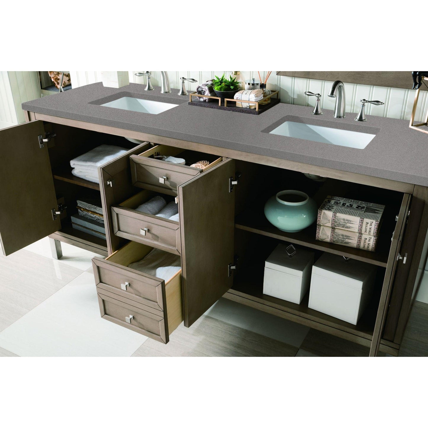 James Martin Chicago 72" Double Whitewashed Walnut Bathroom Vanity With 1" Gray Expo Quartz Top and Rectangular Ceramic Sink