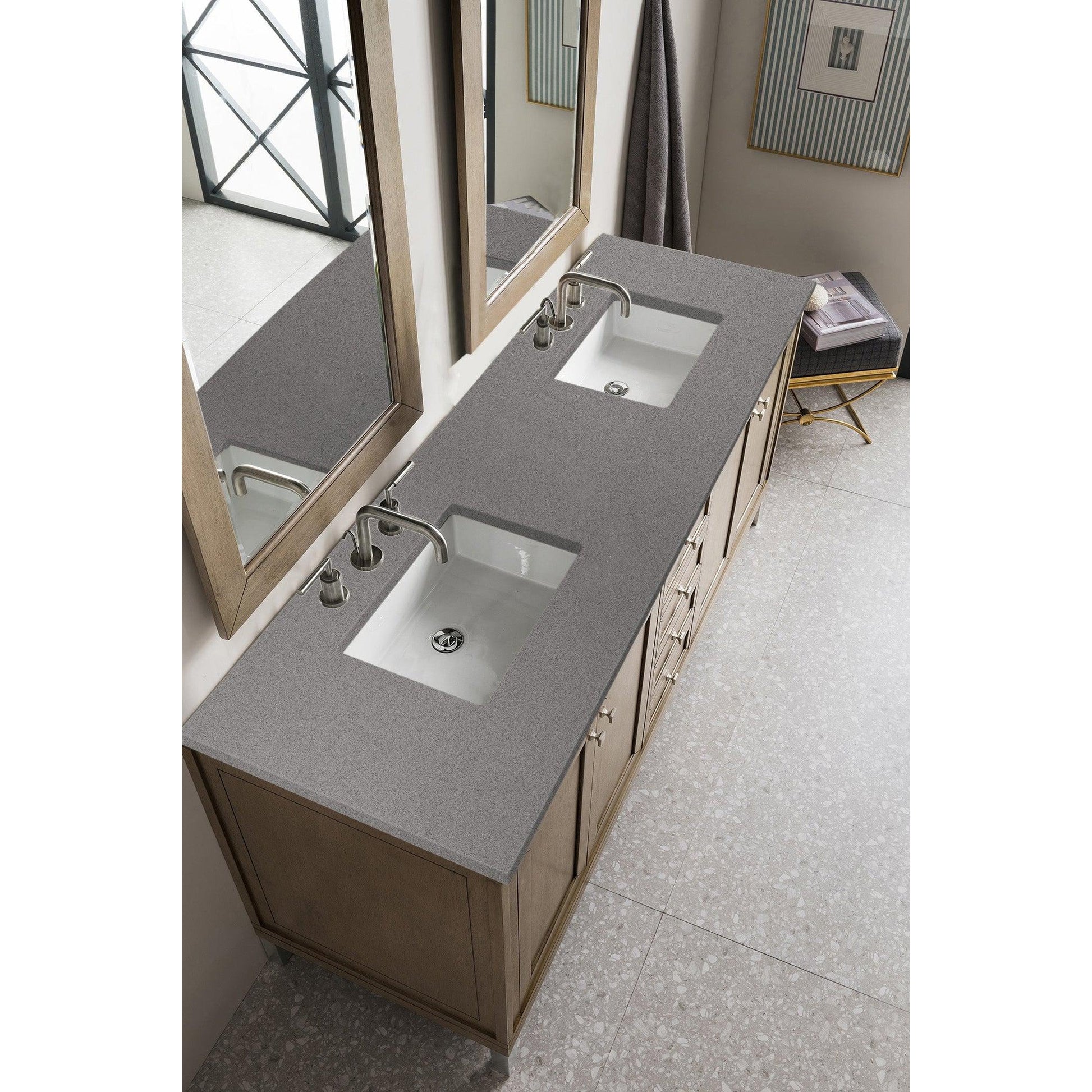 James Martin Chicago 72" Double Whitewashed Walnut Bathroom Vanity With 1" Gray Expo Quartz Top and Rectangular Ceramic Sink
