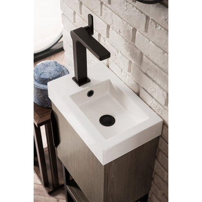 James Martin Columbia 16" Single Ash Gray Bathroom Vanity With Matte Black Hardware and 3" Glossy White Composite Countertop