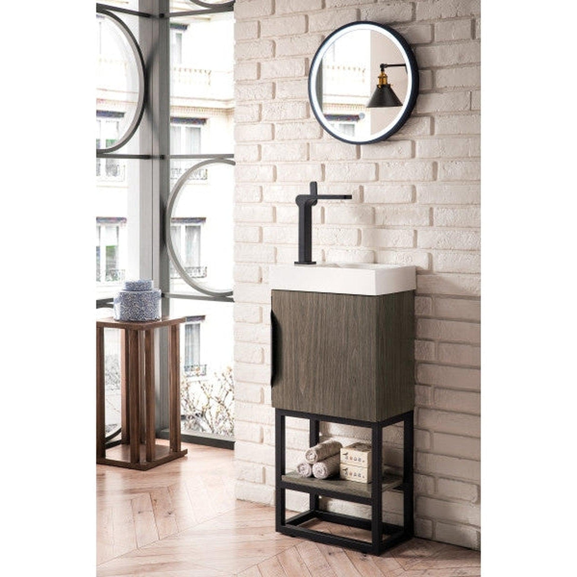 James Martin Columbia 16" Single Ash Gray Bathroom Vanity With Matte Black Hardware and 3" Glossy White Composite Countertop