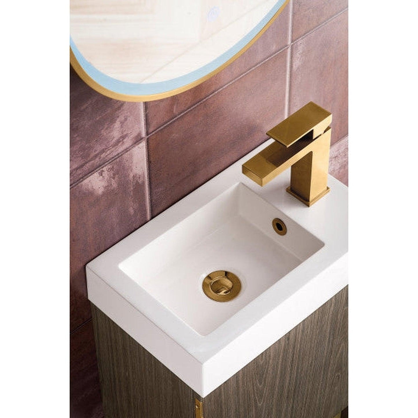 James Martin Columbia 16" Single Ash Gray Bathroom Vanity With Radiant Gold Hardware and 3" Glossy White Composite Countertop