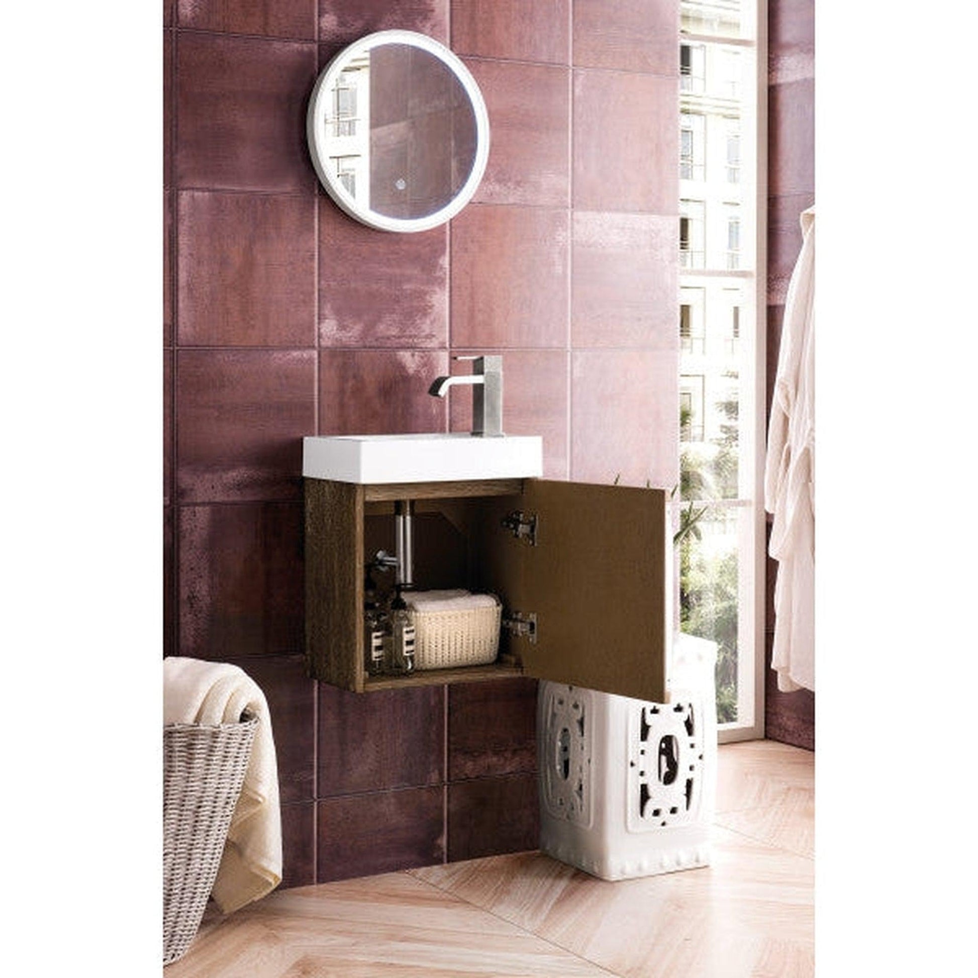 James Martin Columbia 16" Single Latte Oak Bathroom Vanity With 3" Glossy White Composite Countertop