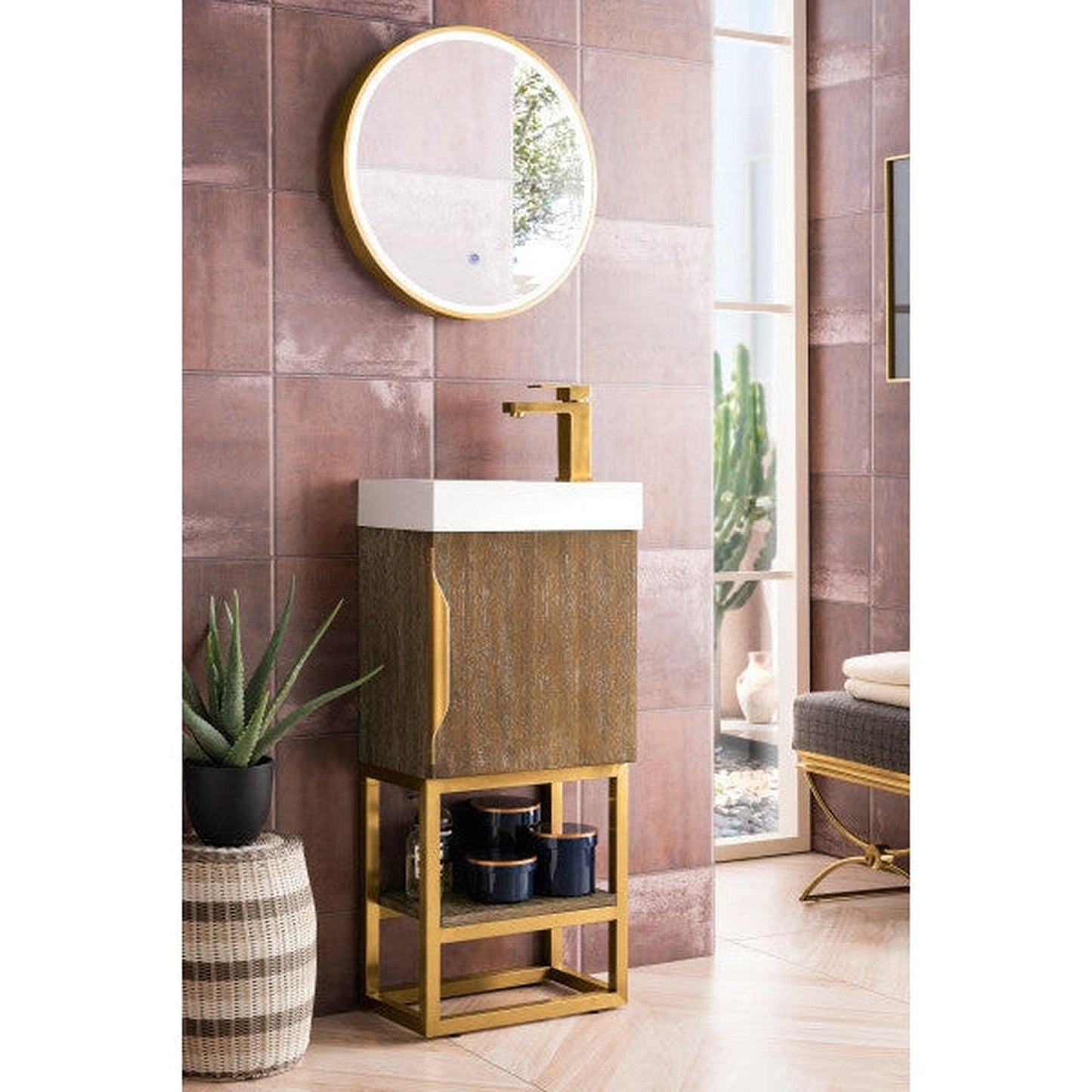 James Martin Columbia 16" Single Latte Oak Bathroom Vanity With Radiant Gold Hardware and 3" Glossy White Composite Countertop
