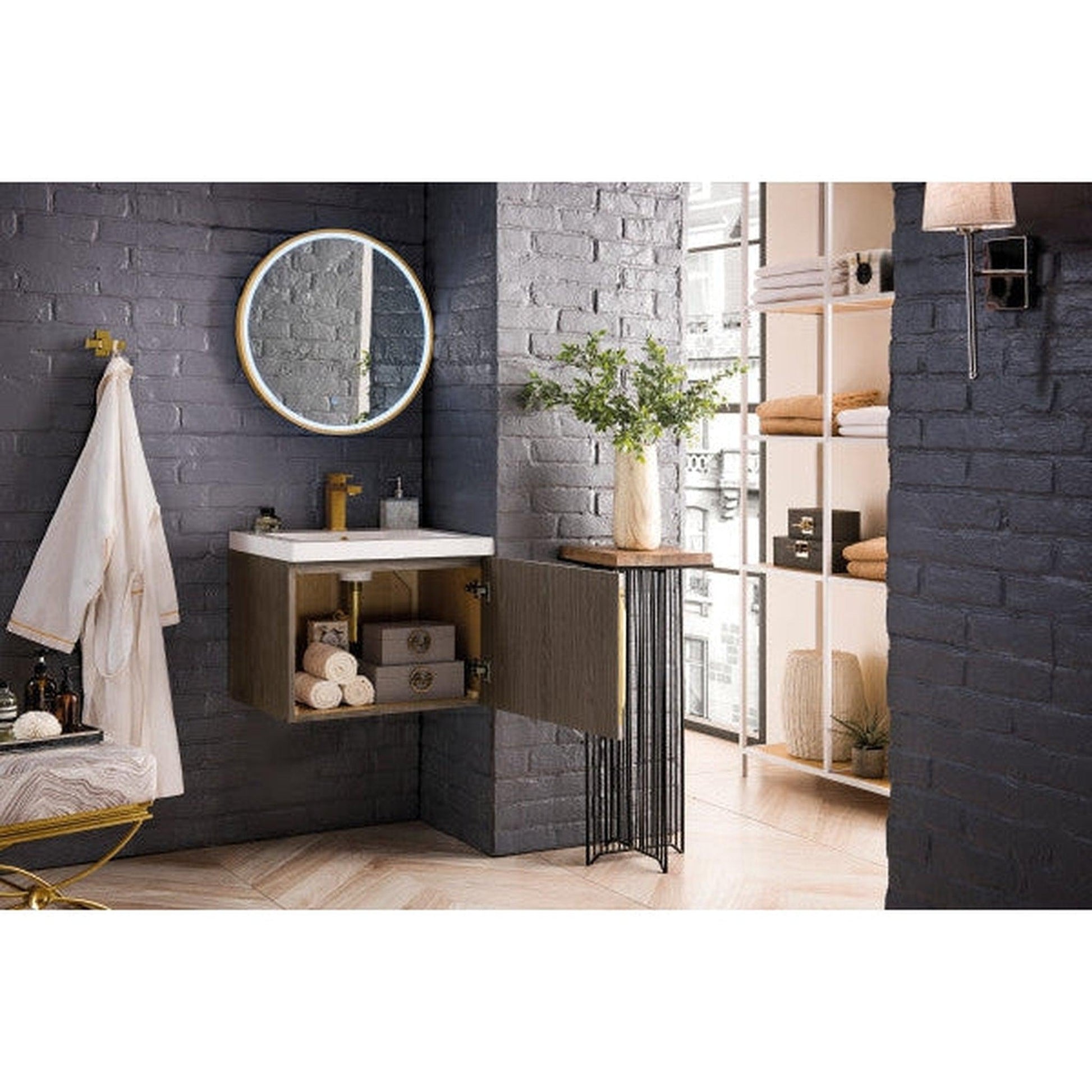 James Martin Columbia 24" Single Ash Gray Bathroom Vanity With 2" Glossy White Composite Countertop