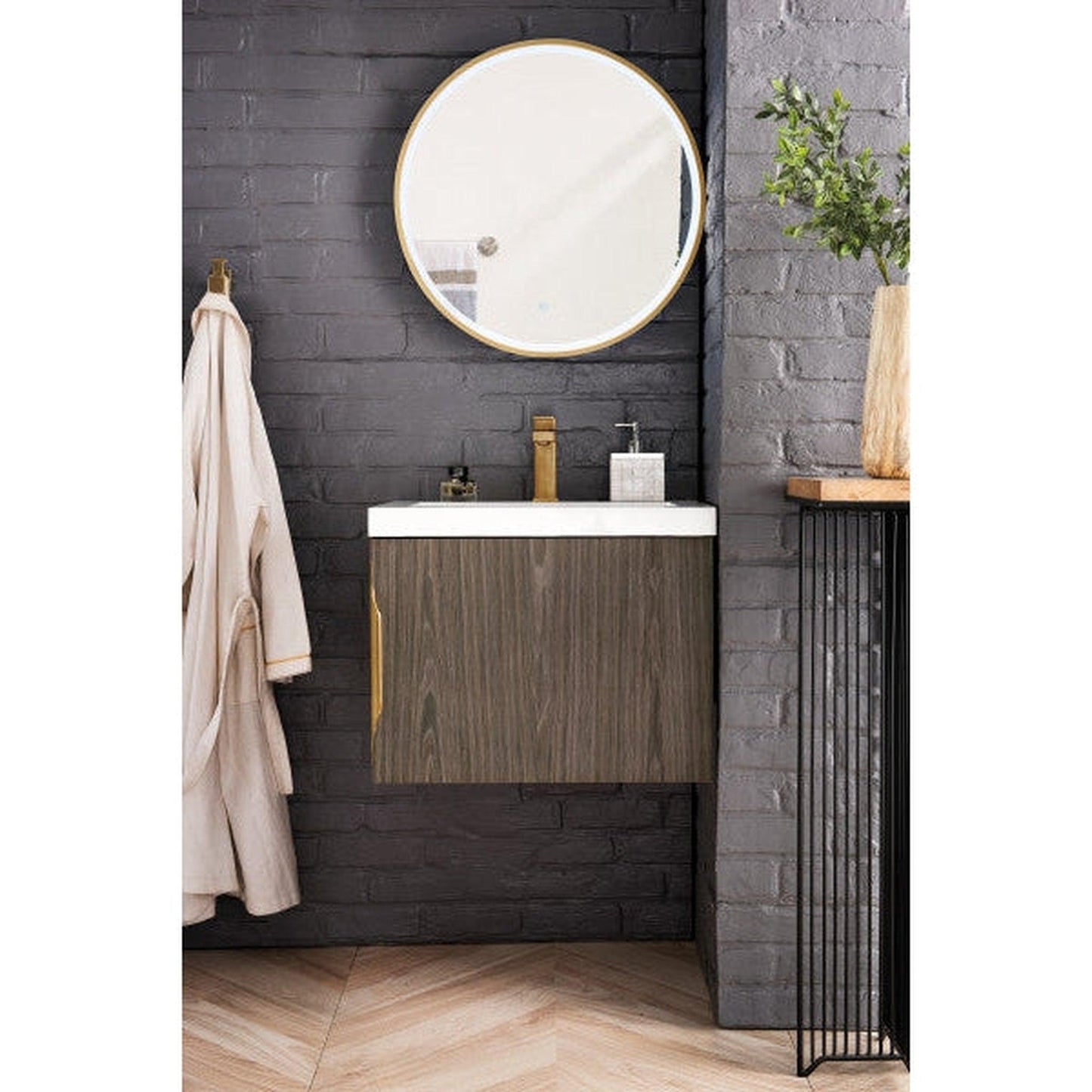 James Martin Columbia 24" Single Ash Gray Bathroom Vanity With 2" Glossy White Composite Countertop