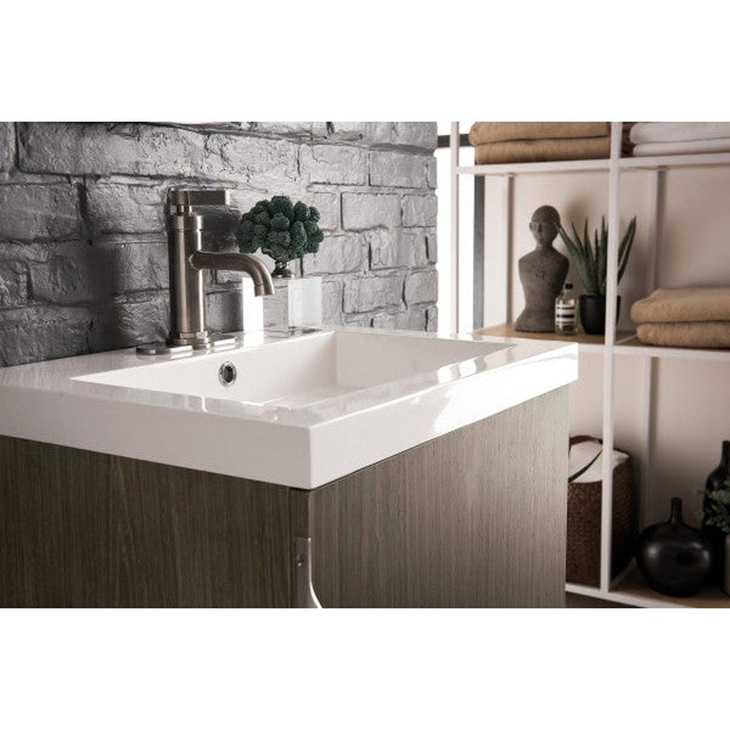 James Martin Columbia 24" Single Ash Gray Bathroom Vanity With Brushed Nickel Hardware and 2" Glossy White Composite Countertop