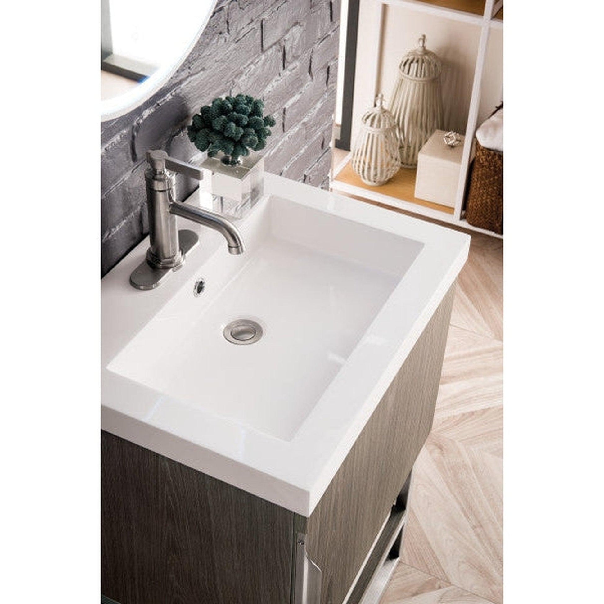 James Martin Columbia 24" Single Ash Gray Bathroom Vanity With Brushed Nickel Hardware and 2" Glossy White Composite Countertop
