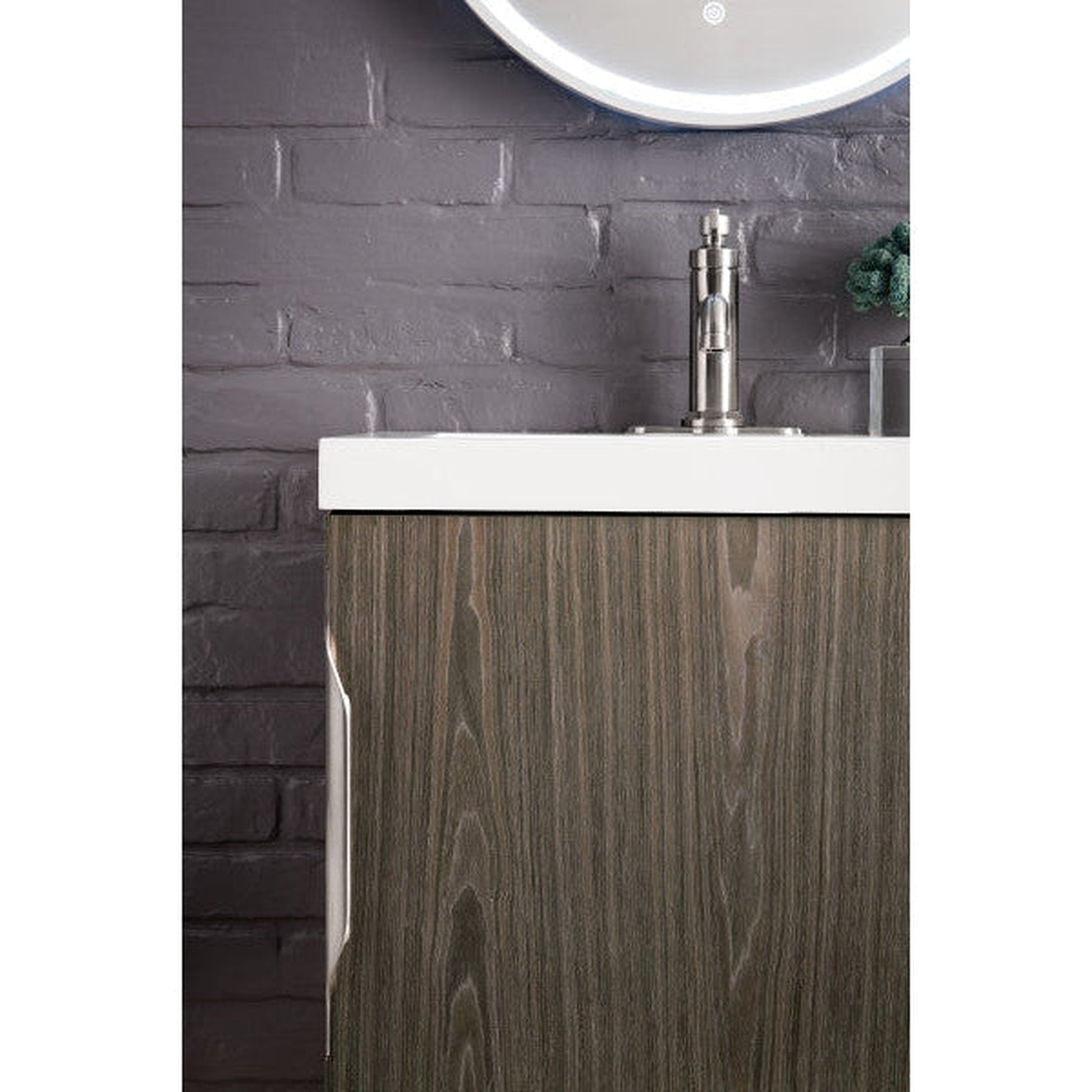 James Martin Columbia 24" Single Ash Gray Bathroom Vanity With Brushed Nickel Hardware and 2" Glossy White Composite Countertop