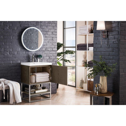 James Martin Columbia 24" Single Ash Gray Bathroom Vanity With Brushed Nickel Hardware and 2" Glossy White Composite Countertop