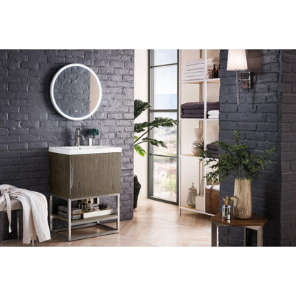 James Martin Columbia 24" Single Ash Gray Bathroom Vanity With Brushed Nickel Hardware and 2" Glossy White Composite Countertop