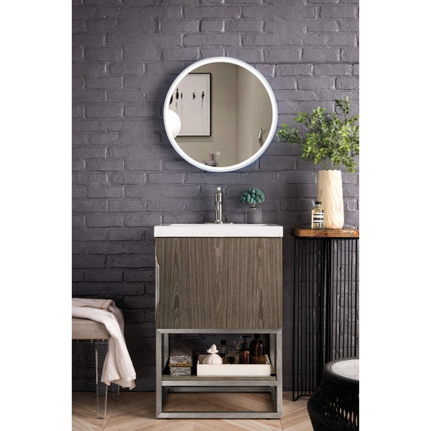 James Martin Columbia 24" Single Ash Gray Bathroom Vanity With Brushed Nickel Hardware and 2" Glossy White Composite Countertop