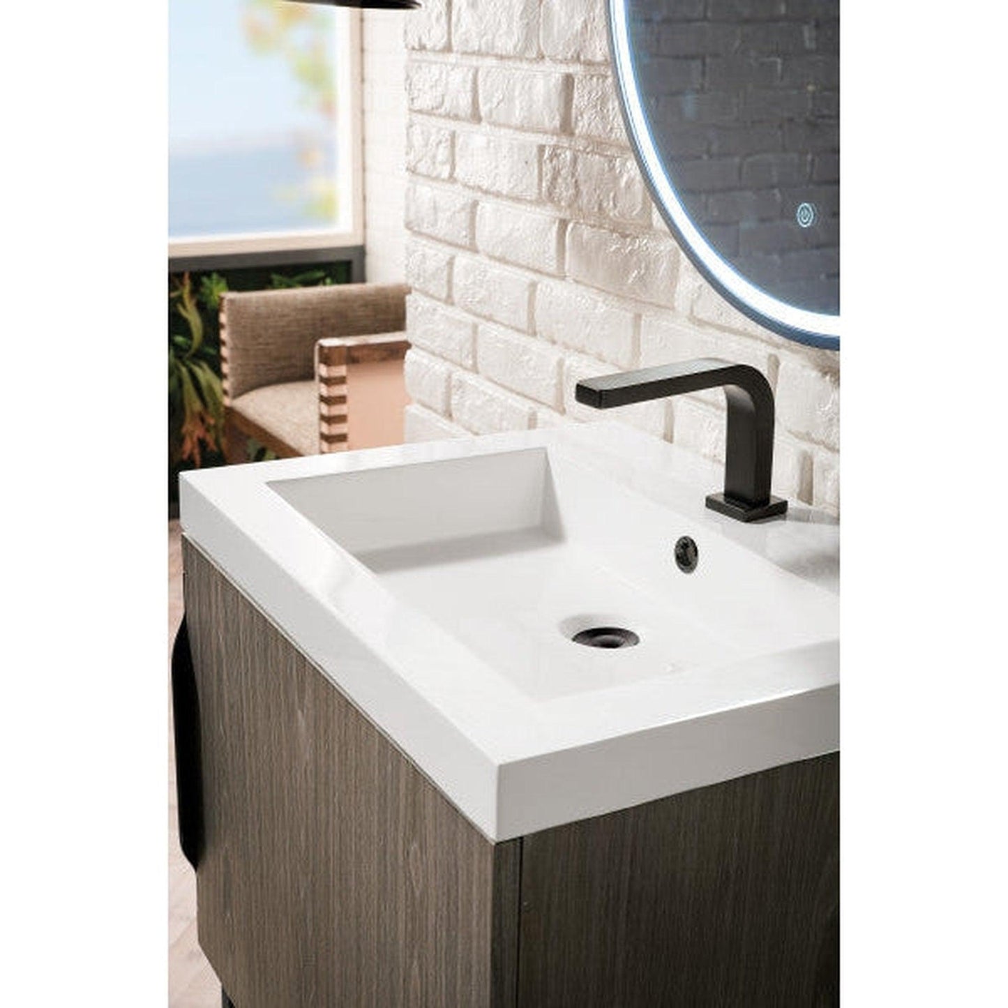 James Martin Columbia 24" Single Ash Gray Bathroom Vanity With Matte Black Hardware and 2" Glossy White Composite Countertop