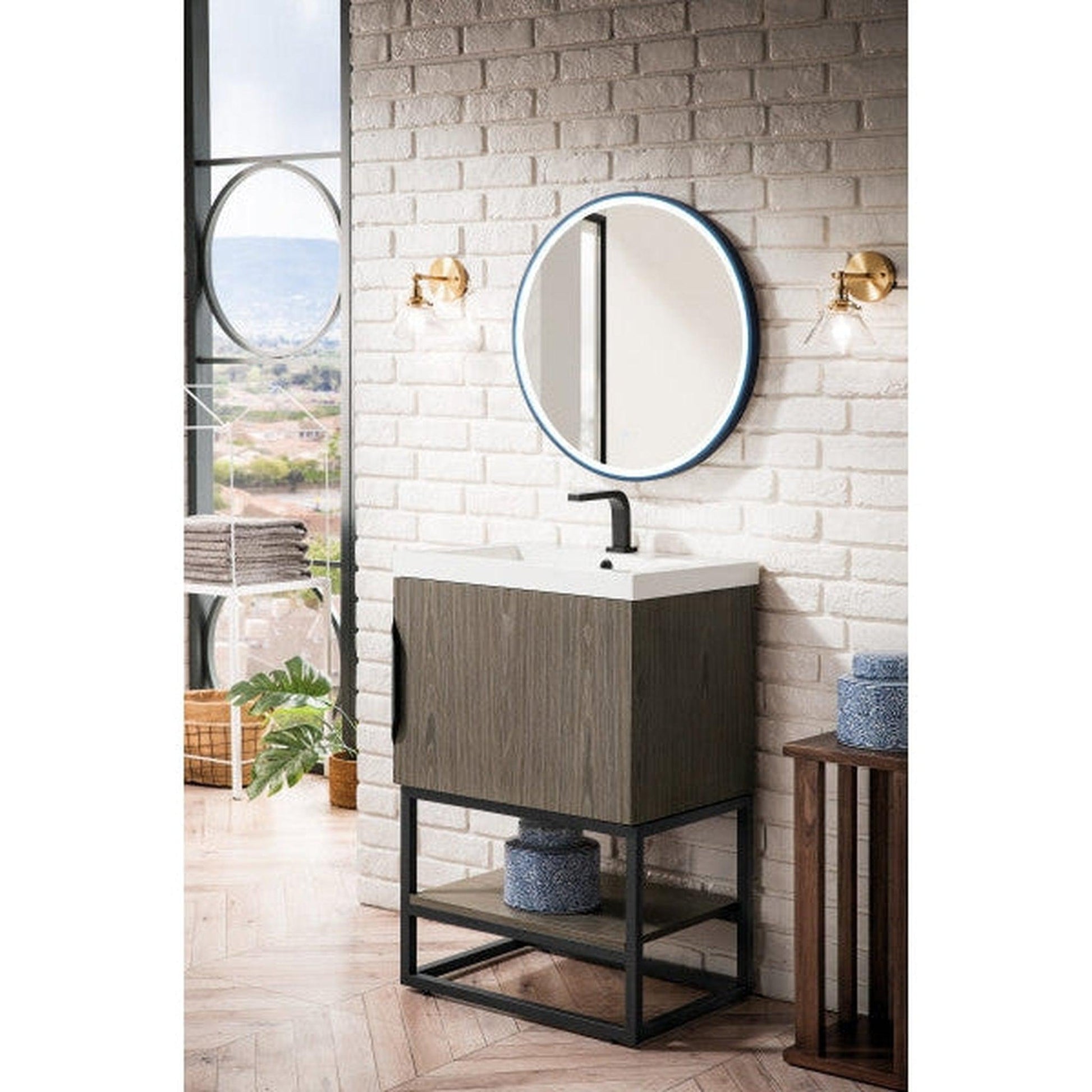 James Martin Columbia 24" Single Ash Gray Bathroom Vanity With Matte Black Hardware and 2" Glossy White Composite Countertop